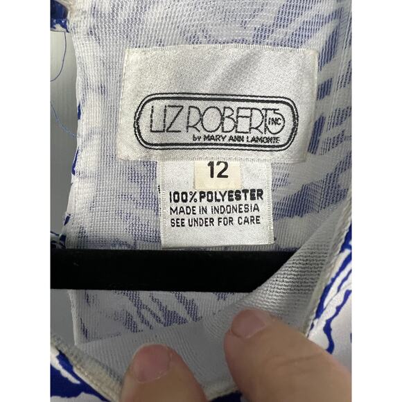 Vintage 80s Blue White Tiger Animal Print Secretary Dress Midi Oversized 12 L/XL - Picture 2 of 9